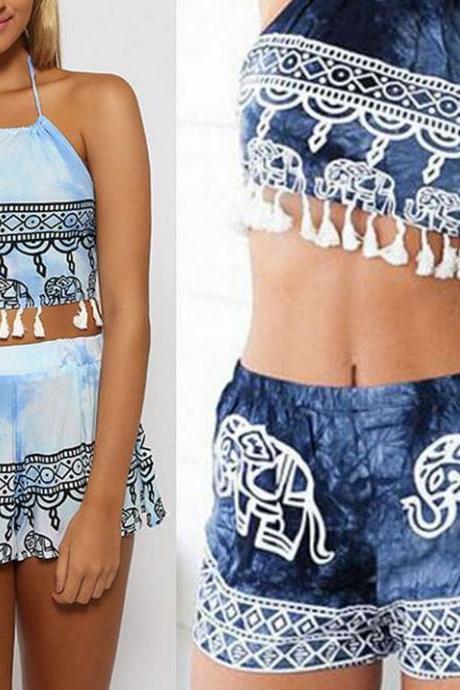 Tassel Two Piece Suit Romper Dress Jumpsuit Playsuit