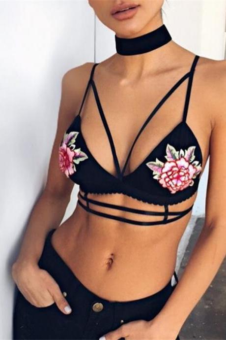 Black Floral Embroidered Strappy Plunge V Bralette